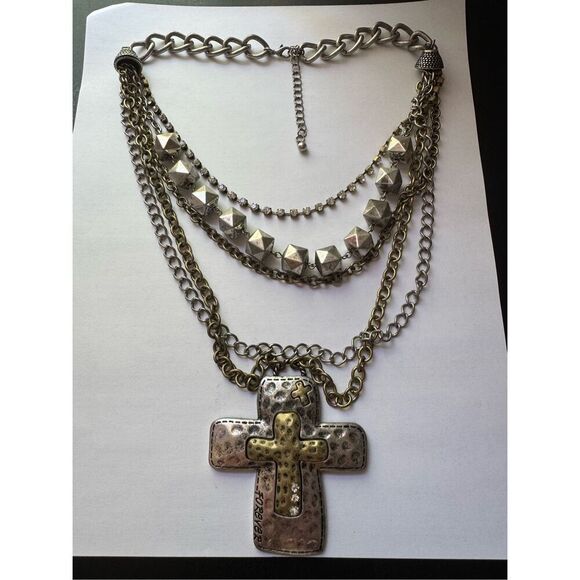 Y2K Vintage Womens Chunky Tiered Studded Beaded Chain Cross Necklace Western - Picture 2 of 8